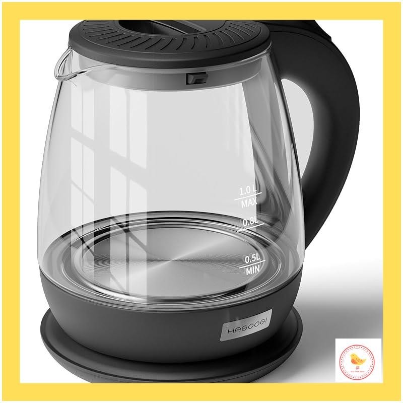 【Japan】HAGOOGI Electric Kettle Glass Kettle Electric 1.0L Glass Kettle Small Automatic Power OFF Boil Dry Protection Electric Pot Easy to Clean Transparent Stylish Portable (Black)