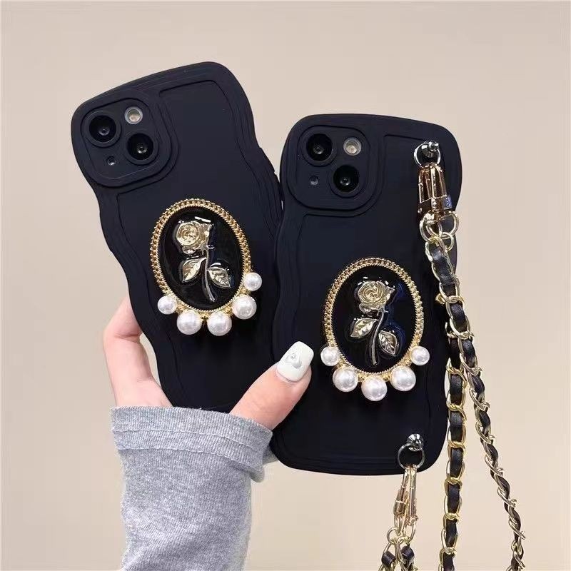 เคสโทรศัพท์อินเทรนด์ IPhone 11 Pro Max X XR XS Max IPhone 7 Plus 8 Plus 12 Pro Max 13 Pro Max 14 Pro Max 15 Pro Max Black Pearl Rose Stand