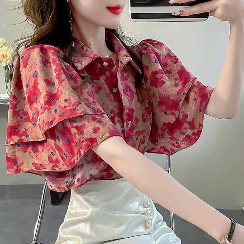 2024 สไตล์ใหม่หวานพิมพ์เสื้อผู้หญิงฤดูร้อนสีชมพู High-End เสื้อแขนสั้น Ruffled Top ผู้หญิง