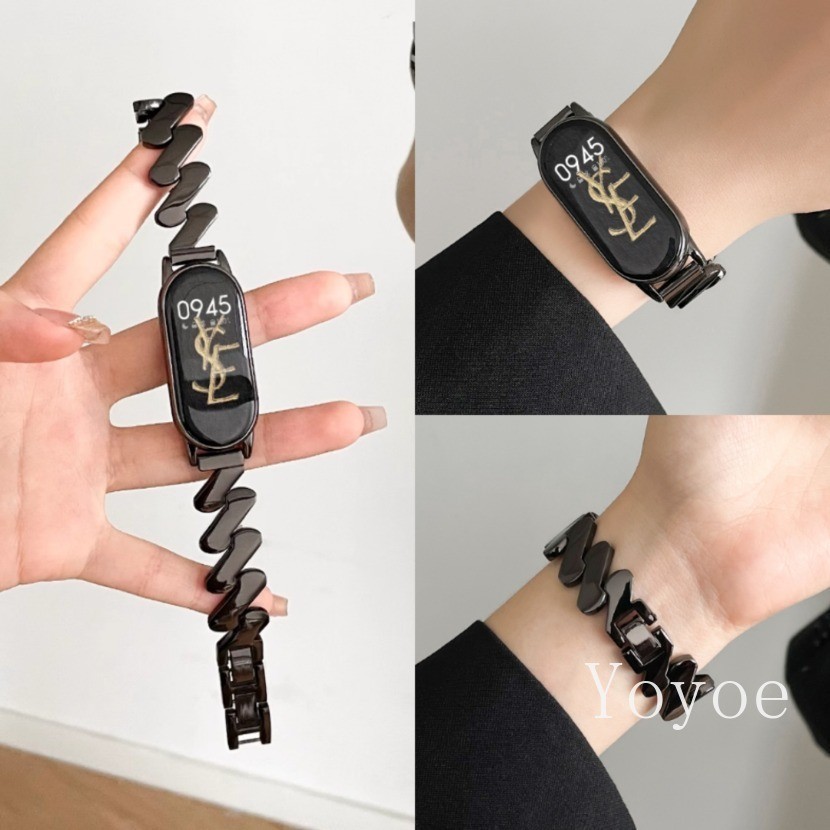 สายรัดรูปแบบคลื่นโลหะสําหรับ Xiaomi Mi Band 9 8 NFC ข้อมือสร้อยข้อมือสแตนเลสสําหรับ Mi Band 8 NFC สา