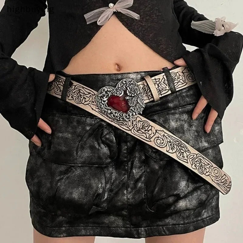 [ซื้อสูง] Gothic Punk หนัง Y2k เข็มขัดสําหรับผู้หญิงโลหะสีแดงพีชหัวใจหัวเข็มขัดสายรัดเอวกางเกงยีนส์ตกแต่งเข็มขัดอุปกรณ์เสริมใหม่สต็อก
