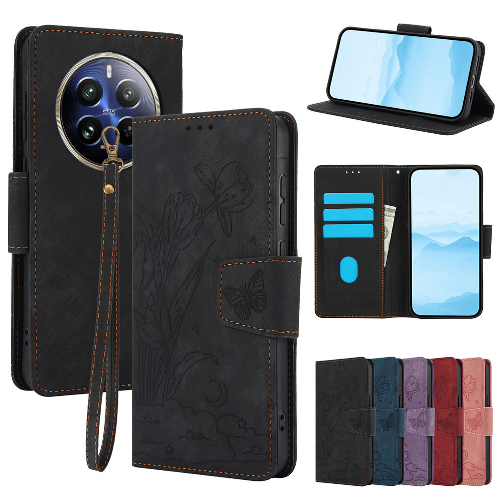 เคสเรียวมี Case for Realme 12+ 12x 12 Pro+ Plus Narzo 70 Pro 5G เคสโทรศัพท์หนังฝาพับพร้อมช่องใส่บัตรสําหรับ Embossed Flower Butterfly Matte PU Leather Flip Cover Wallet With Card Slots Hand Strap Lanyard ซองมือถือ