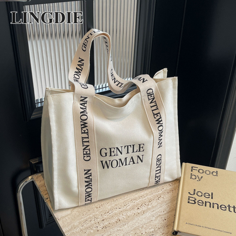LINGDIE กระเป๋าผ้าแคนวาสความจุขนาดใหญ่สำหรับผู้หญิงแฟชั่นกระเป๋าสะพายไหล่พรีเมี่ยม