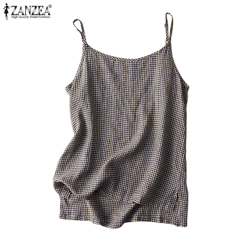 Zanzea Women Daily Casual Grid พิมพ ์ ลายแขนกุด O-คอแฟชั ่ น TOP