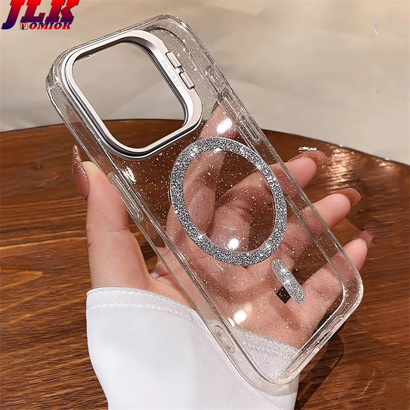 [JLK] Bling Glitter Magnetic Wireless Charge Case สําหรับ iPhone 14 13 11 12 15 16 ro Max ที่ใส่กล้องอะคริลิคใสปกแข็ง