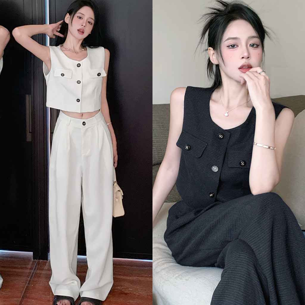SuySuy พร้อมส่ง เสื้อกั๊ก แขนกุด ผ้าทวิต กระดุมผ่ากลาง ดีเทลแต่งกระเป๋า แฟชั่นไตล์คุณหนู