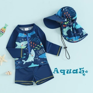 Aqq-baby Boy 3 ชิ้น Rash Guard ชุดว่ายน้ําน่ารักปลาพิมพ์แขนยาว Zip Up ชุดว่ายน้ําชุดว่ายน้ํา