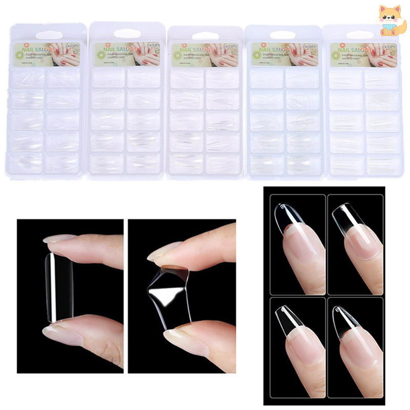 [VI ] 1 กล ่ องกาแฟใสเล ็ บปลอม Clear Ballet Coffin Almond False Nails Tips TH