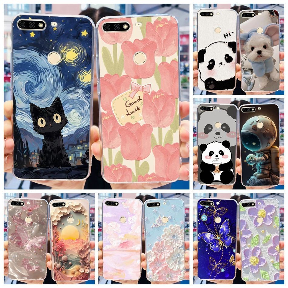 Huawei Y7 (2018) / Y7 Prime 2018 / Y7 Pro (2018) LDN-LX1 LDN-LX2 LDN-LX3 แมวน่ารักแพนด้าดอกไม้ทาสีซิ