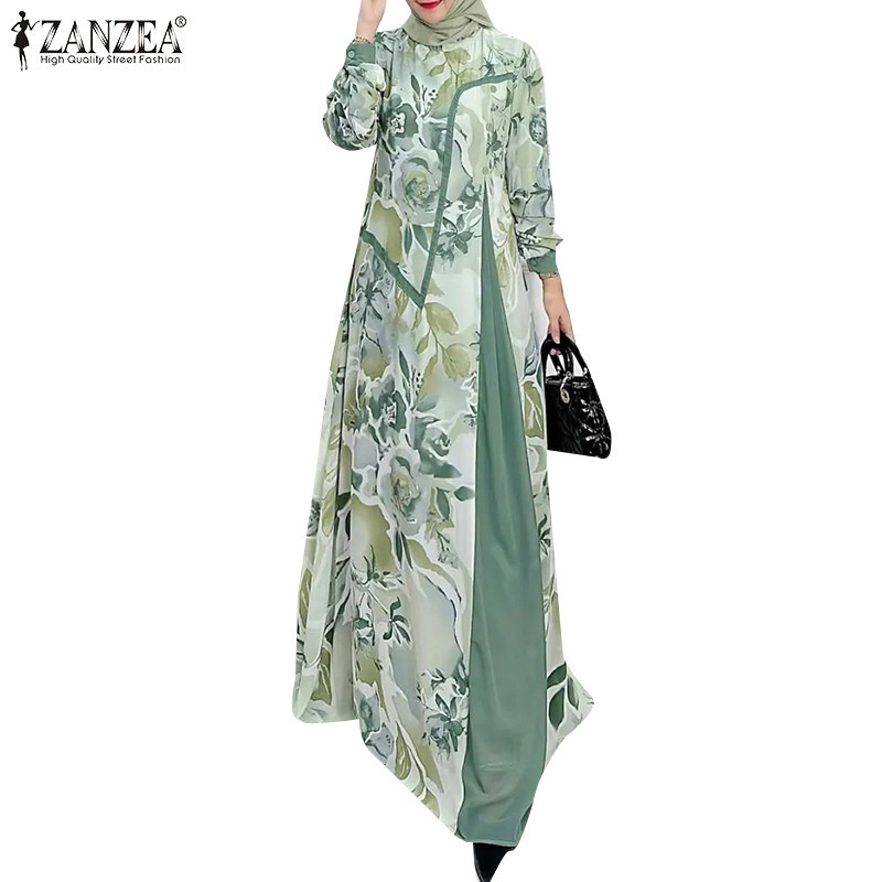 Zanzea ผู ้ หญิงมุสลิมลําลองคอกลมพิมพ ์ ลายดอกไม ้ แขนยาวปุ ่ มตกแต ่ งชุดหลวม