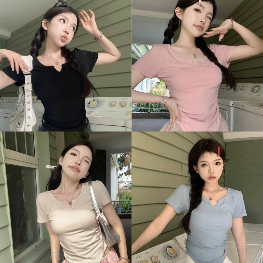 Pudding ~พร้อมส่ง~ "FY5023-S" เสื้อยืด คอวี แขนสั้น มีฟองน้ำ ดีเทลสีพาสเทล ใส่ง่าย สวยปัง