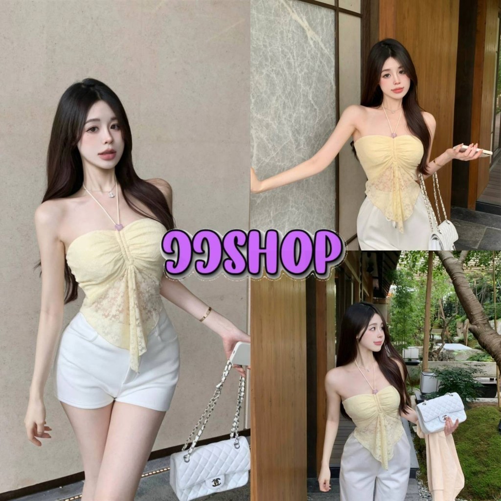 JJ Shop​💜​พร้อมส่ง เสื้อเกาะอกไหมพรม แต่งสายคล้องคอ ผ้านุ่มนิ่ม ทรงรัดตัว สีครีม "Y0907"