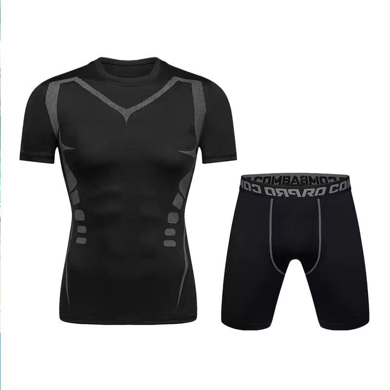 พร้องส่ง ชุดกีฬาสำหรับผู้ชาย รัดกล้ามเนื้อ เซต2ชิ้น แขนสั้น+กางเกงขาสั้น  ฟิตเนส/เทรนนิ่ง/วิ่ง/ปั่นจักรยาน /ว่ายน้ำ