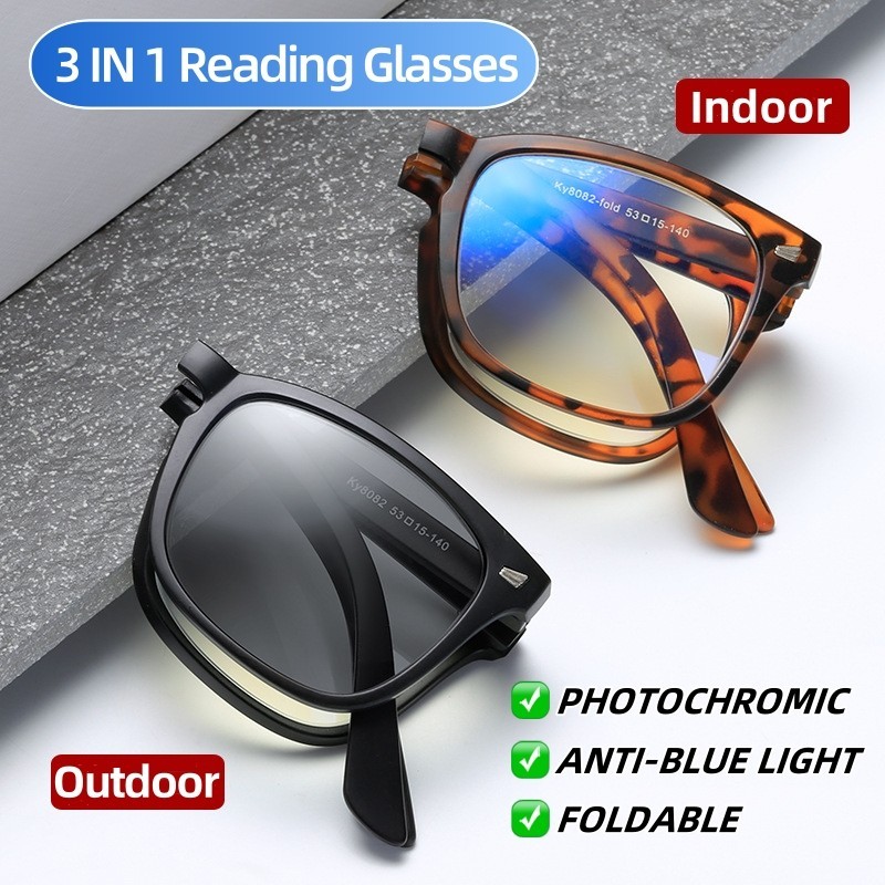 แฟชั่นอินเทรนด์ผู้หญิงแว่นอ่านหนังสือพับได้กลางแจ้งแบบพกพา Photochromic Far Sight แว่นตาผู้ชายป้องกันรังสียูวี Googles + 1.0 + 1.5
