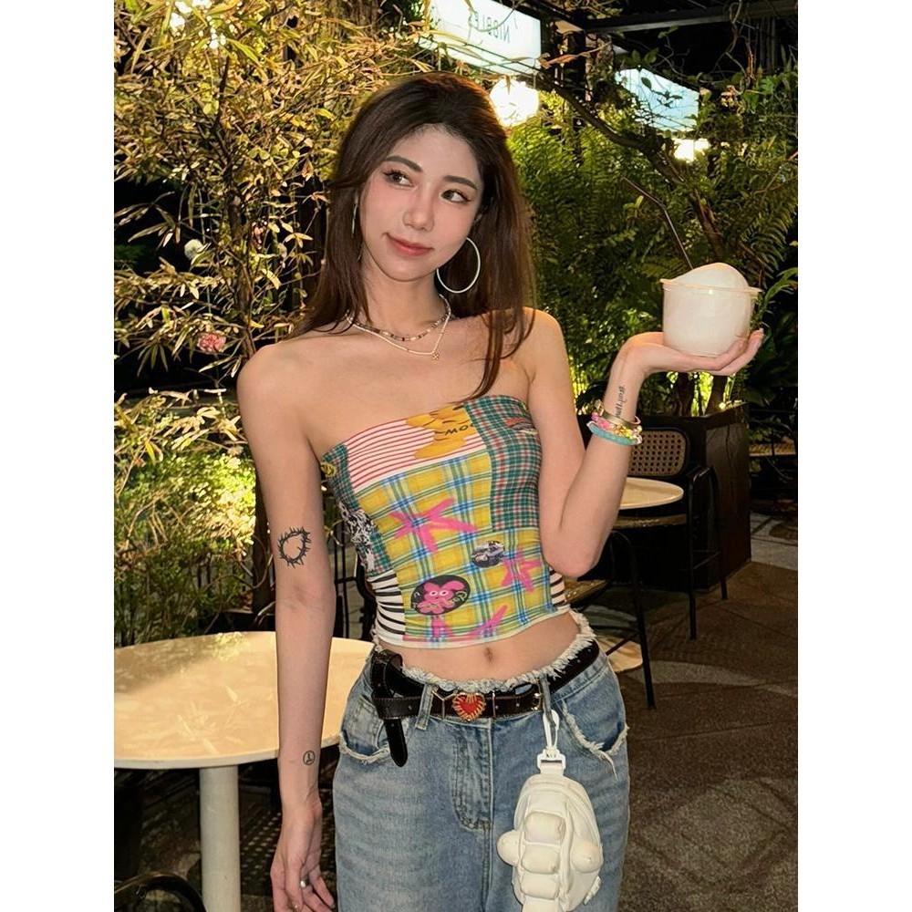 สาวร้อนลายสก๊อตพิมพ์ท่อบนเสื้อกั๊กเสื้อผ้าผู้หญิง2024ฤดูร้อนที่เรียบง่ายทุกการแข่งขันสไตล์ใหม่บริสุทธิ์ปรารถนาสไตล์แน่นกระชับหวานเผ็ดด้านบนขนาดเ