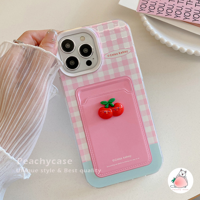 เกาหลี 3D Cherry สีสัน Wave Point สีชมพู Checkered Stripes 3 ใน 1 ช่องใส่การ์ดเคสโทรศัพท์สําหรับ iPhone 15 14 Plus 13 12 11 Pro Max Xr X Xs 8 7 SE2020 6 TPU กันกระแทกมือถือปลอก - รูปที่ 2