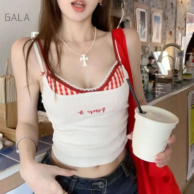 ลูกไม้ลายสก๊อต Camisole ผู้หญิงเซ็กซี่สีตัดกัน TOP Girlish ขี้เล่นปลอม 2 ชิ้น