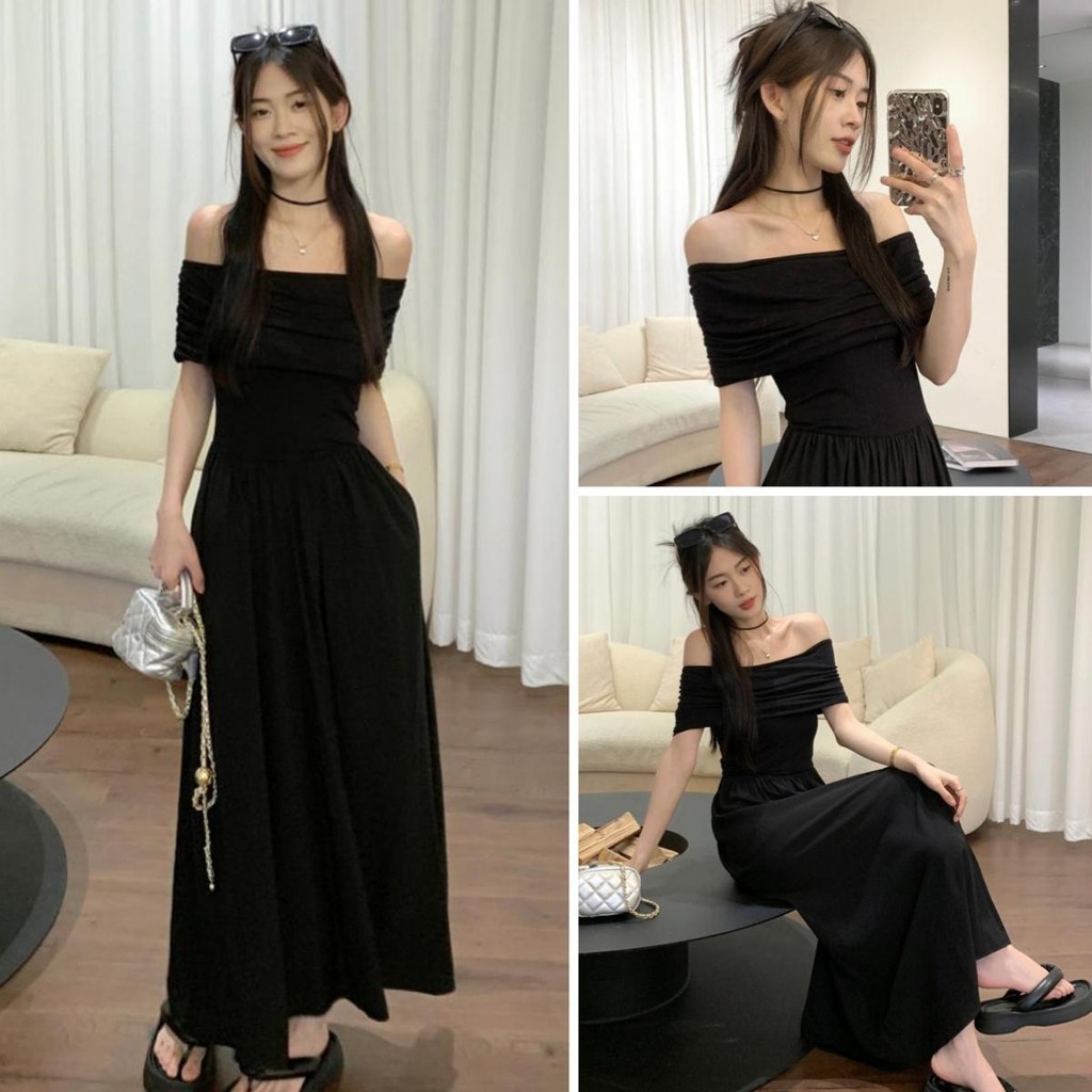cherryshop🍒พร้อมส่ง ชุดเดรส เดรสยาว ชุดน่ารักเปิดไหล่สีดำ กระโปรงยาวทรงเอ เซ็กซี่ แขนสั้น สไตล์ฝรั่ง เข้าร่วมงานกาล่า
