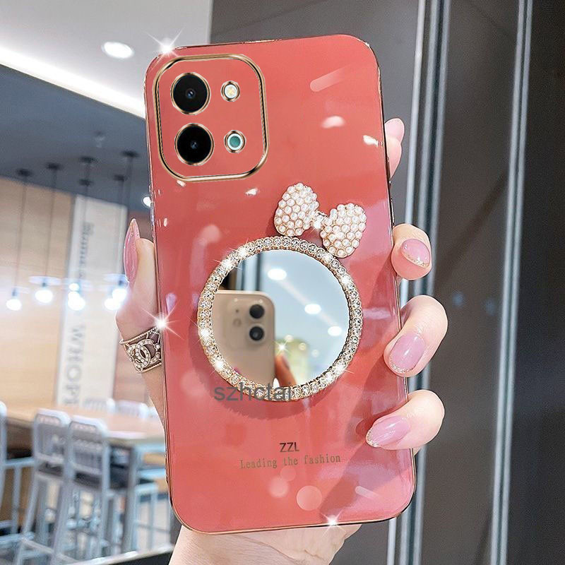 เคส Vivo Y28 Y27 Y27S Y100 5G Y18 Y03 Y36 Y27 5G เคสโทรศัพท์ชุบหรูหรา ฝาครอบกรณีเชลล์พร้อมกระจกแต่งหน้าโบว์มุก สำหรับสาวๆ เคสโทรศัพท์ Vivo Y28 Y27 Y27S Y100 5G Y18 Y03 Y36 Y27 5G