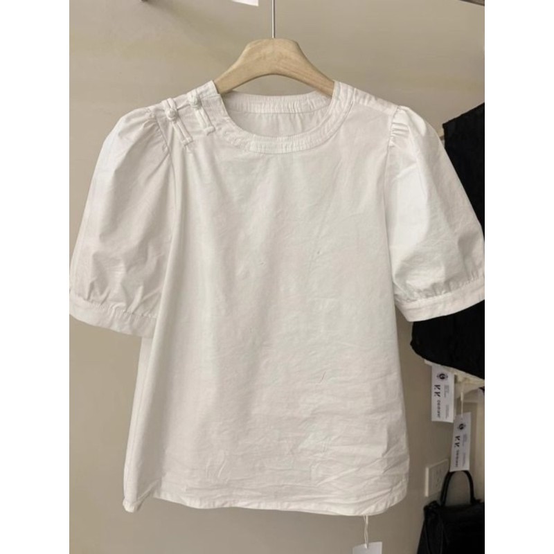 Coco~สไตล์ใหม่ เสื้อเชิ้ตแขนสั้น คอกลม ขาว รุ่นสั้น สไตล์จีน จัดส่งภายใน 24 ชั่วโมง