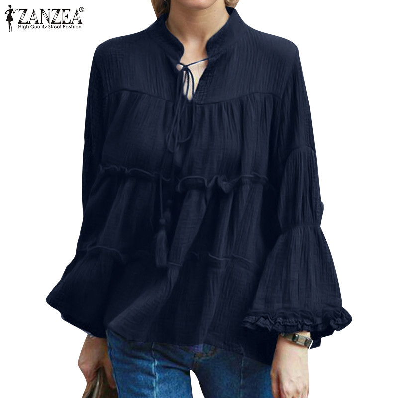 Zanzea ผู้หญิงวินเทจลําลองคอตั้งสีธรรมดาผูกเชือกจีบแขนเสื้อบาน