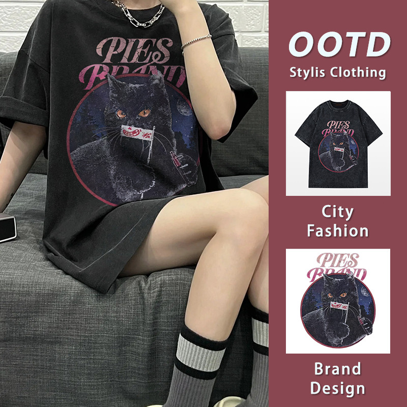 มาใหม่✨เสื้อยืดแขนสั้นผ้าฝ้ายแท้ ลายแมวน่ารัก แนวอินเทรนสไตล์เกาหลี oversize YG400