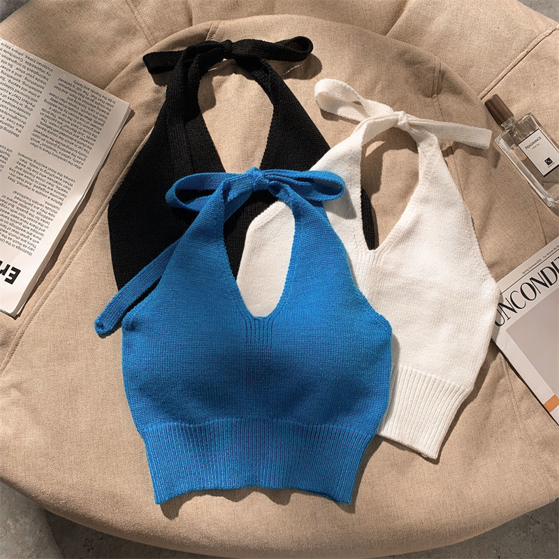 CL เสื้อไหมพรมคล้องคอ Y2K สายฝอ เสื้อครอปเปิดไหล่ ผูกคอ โชว์หลัวสุดเซ็กซี่ ผู้หญิงอินเทรนด์ ใส่ไปทะเ