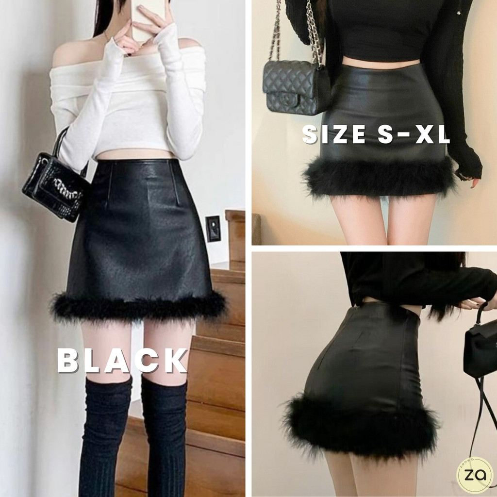 💥HOT SALE💥กระโปรงหนัง สีดำ ชายแต่งขนฟูๆน่ารัก มีซิป  มีกางเกงซับใน