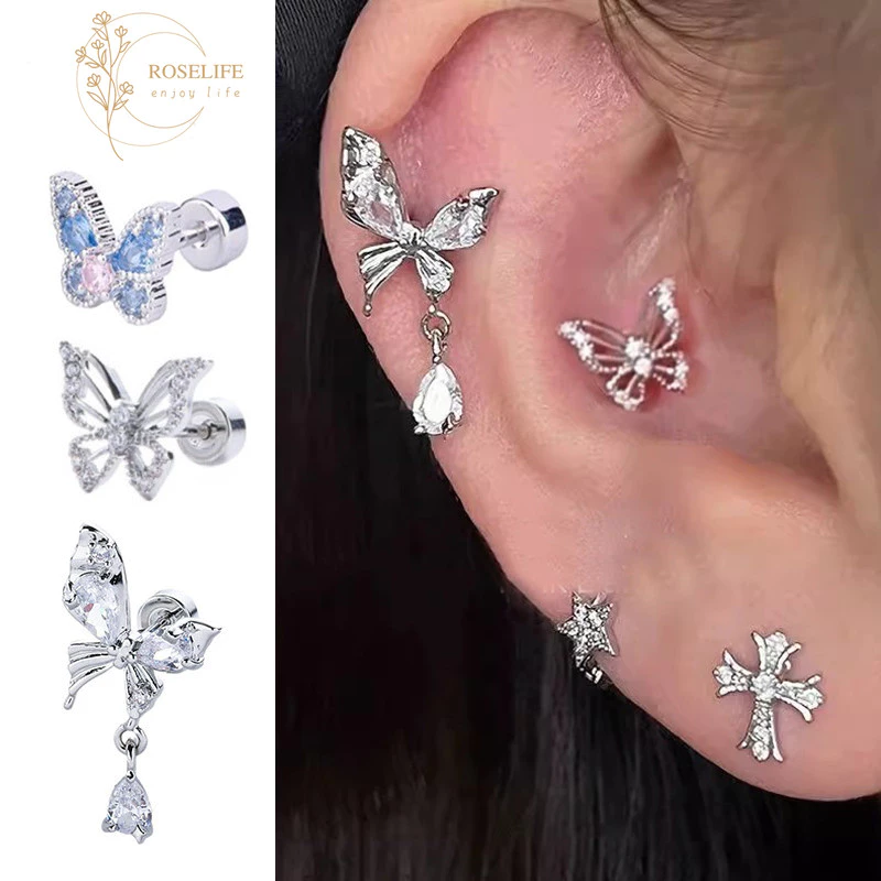 Roselife 1 Pc Silver Shining คริสตัลผีเสื้อสกรูต่างหูสําหรับผู้หญิงแฟชั่น Pierced หู Studs