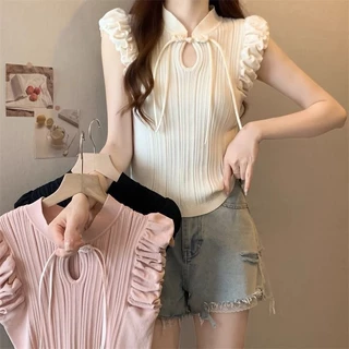 📣Mystyle.99📣เสื้อยืดไหมพรมสไตล์จีน สีพื้น แฟชั่นสําหรับผู้หญิง #B42