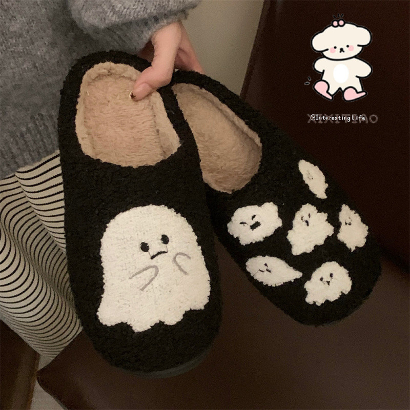 ฉี่เตียว ใหม่สไตล์ฤดูใบไม้ร่วงฤดูหนาวน่ารักผีรองเท้าแตะผ้าฝ้ายผู้หญิงในร่มสวมใส่สบายๆให้อบอุ่น