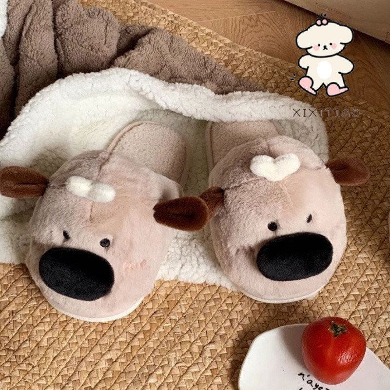 ฉี่ รองเท้าแตะผ้าฝ้ายสนุกลูกสุนัขผู้ชายผู้หญิงคู่บ้านอบอุ่นน่ารักขนยาว