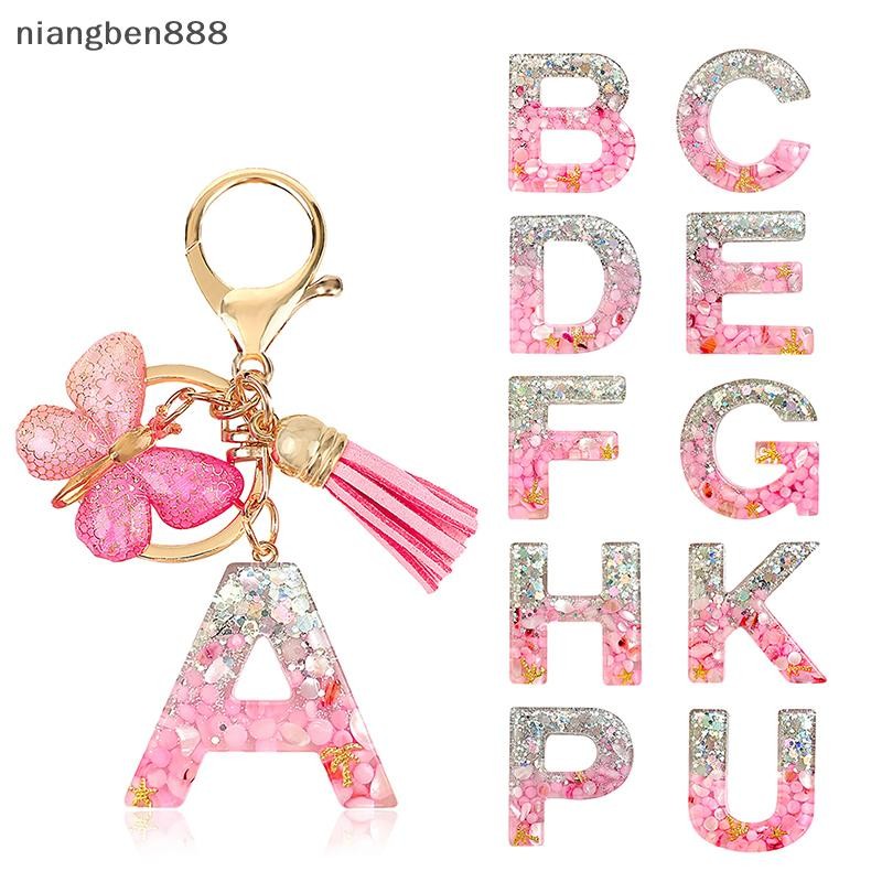 (niangben888) AZ Dreamy เลื่อมตัวอักษรพวงกุญแจสําหรับผู้หญิง sel จี้ผีเสื้อเริ่มต้นพวงกุญแจกระเป๋าแข