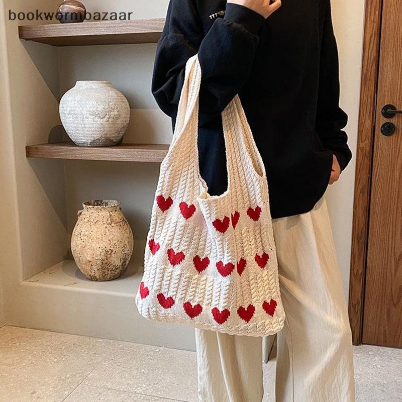 [BOK] Love Heart Graphic ถัก Tote Bag แฟชั่นทอกระเป๋าสะพายความงามโครเชต์กระเป๋าสําหรับผู้หญิง [TH]
