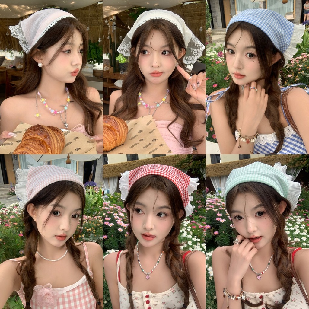 🎆Soroh🎆เครื่องประดับผม ทรงสามเหลี่ยม ลูกไม้ ลายสก็อต🌟คาดผมเกาหลี มินิมอล เครื่องประดับผมคนขี้เกียจ🎇#VO-3
