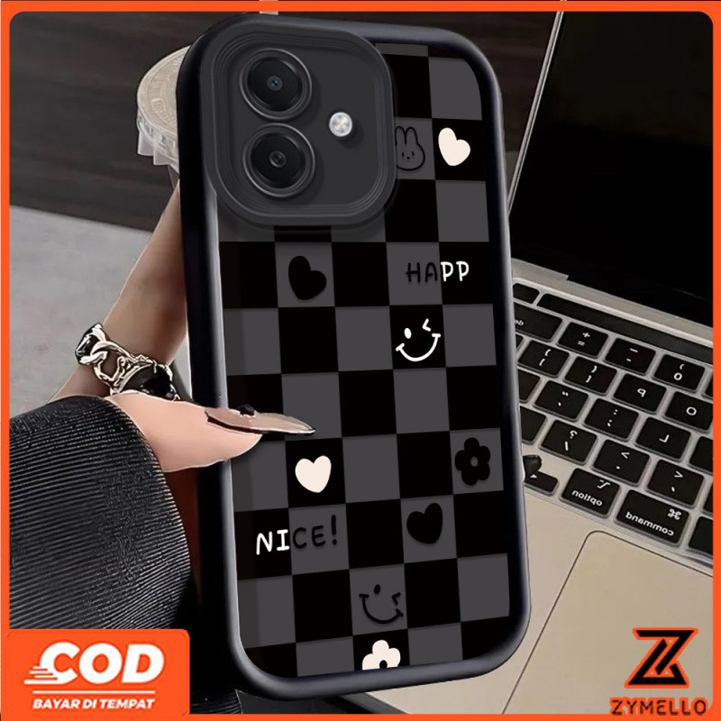 Case สำหรับ redmi A3 13C 14C Note 13 Pro Note 14 Pro Xiaomi 14ครั้ง poco C75 poco C61สีดำและสีขาวลายสก๊อตยิ้มหัวใจป้องกันการล่มสลาย TPU กรณีโทรศัพท์มือถือ