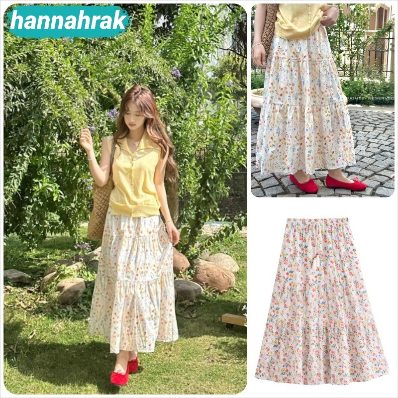 (ส่งจากกรุงเทพฯ)กระโปรงชีฟองลายดอกไม้ผู้หญิงฤดูร้อนเอวสูงแยกกระโปรงนัวเนียขอบ A-Line กระโปรงยาว