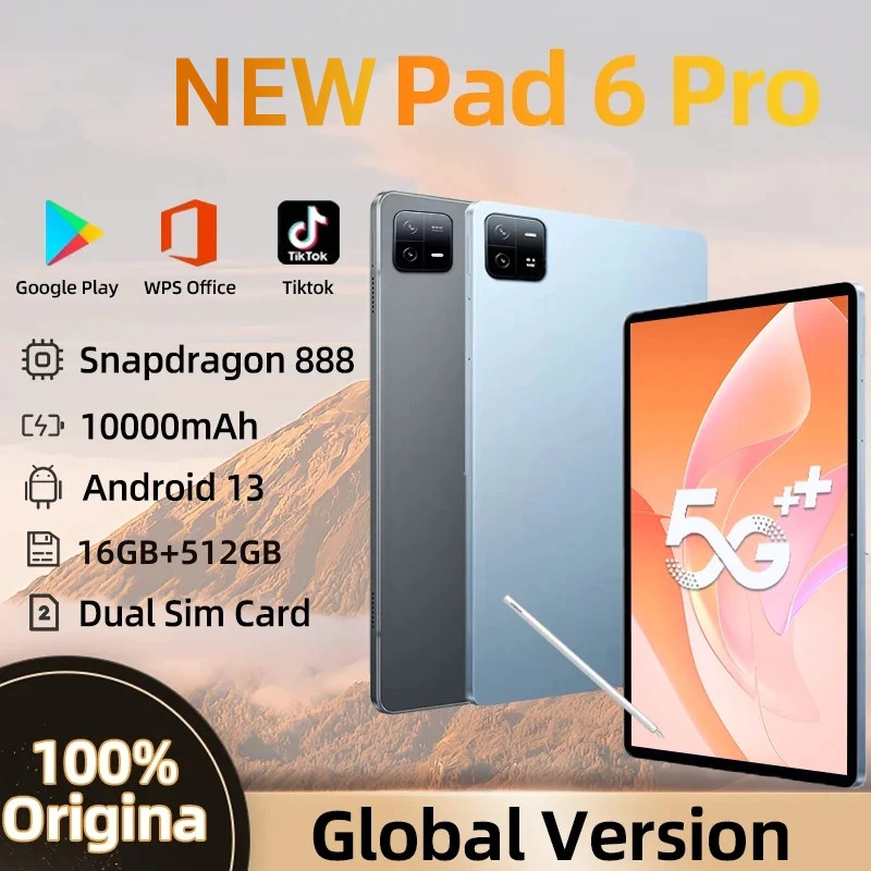 Global Version Android 13 แท็บเล็ต Snapdragon 888 10000mAh 16GB + 1TB Pad 6 Pro GPS 5G WiFi บลูทูธ D