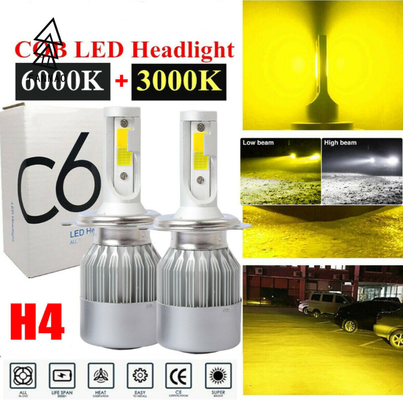 Fanmaodz 2PCS C6 รถ LED ไฟหน้าหลอดไฟ H4 สีขาวสีเหลือง 6000K 3000K Dual สี Hi/Lo Beam 9600LM H4/HB2/9