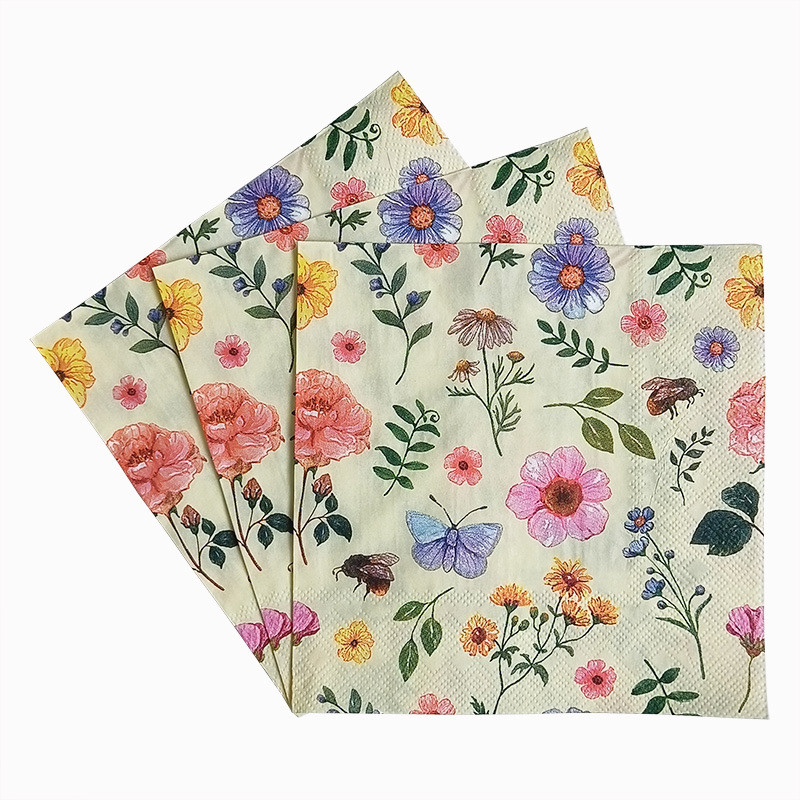 20 ชิ้น/แพ็คสีเหลืองดอกไม้พิมพ์รูปแบบ Decoupage ตารางกระดาษผ้าเช็ดปากเนื้อเยื่อวันเกิดงานแต่งงาน Serviettes