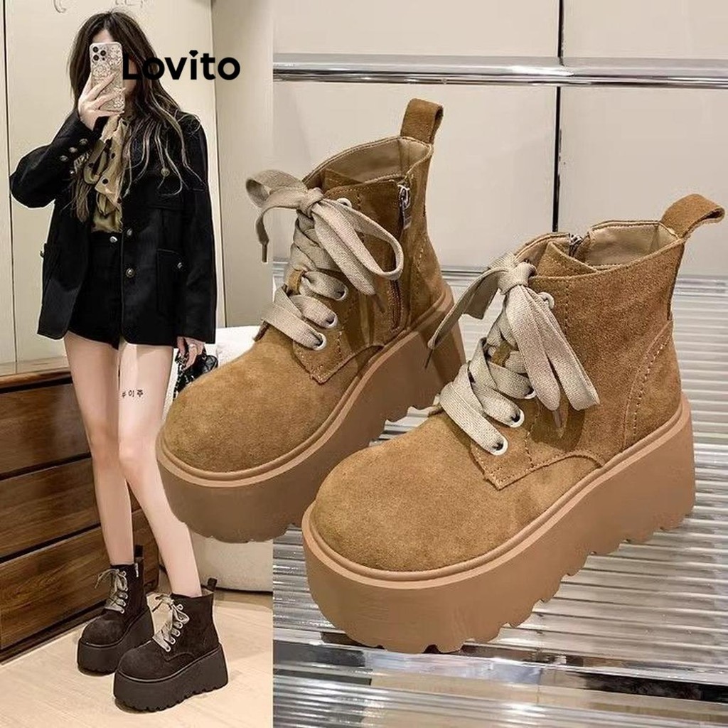 Lovito วินเทจวินเทจสีพื้นกลางหลอด Maillard อเนกประสงค์กระโปรงหนา Soled Martin รองเท้าแฟชั่น Boot สําหรับผู้หญิง  LFA60393