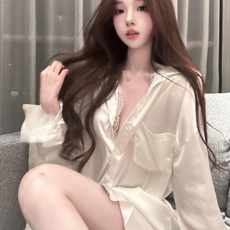 แฟชั่นฝรั่งเศสชุดนอนเสื้อบางลูกไม้เย็บ ชุดลําลอง รุ่นคุณภาพสูง