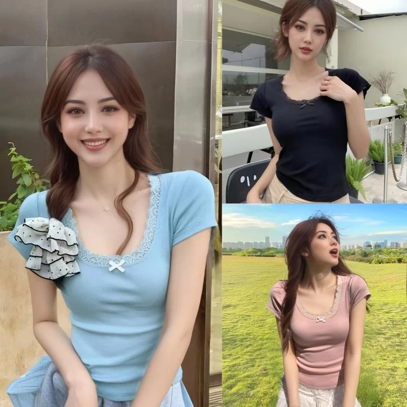 พร้อมส่งเสื้อยืดแขนสั้นยูคอผูกโบว์ ลายลูกไม้สีชมพู สำหรับสาวหวาน ดีไซน์น่ารัก สวมใส่สบายเหมาะกับทุกวัน Clothing ผู้หญิง