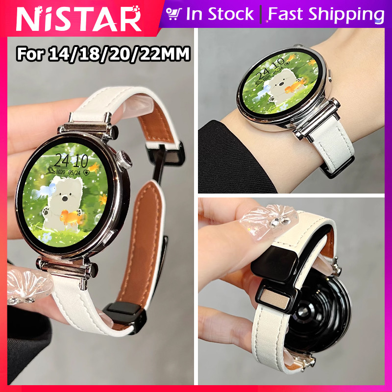 Nistar แฟชั่นหนังแท้หัวเข็มขัดแม่เหล็กสําหรับ HUAWEI สมาร์ทวอท์ช GT 6 5 4 3 2 Pro 48mmj 46/42/14/18/20/22 มม.หนังสําหรับ Galaxy 7 6 5 4 47 มม.44 มม.40 มม.