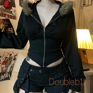 Dou-Mulher Primavera Outono Casaco Com Capuz Manga Comprida Cor Sólida Gola De Pele Zíper E