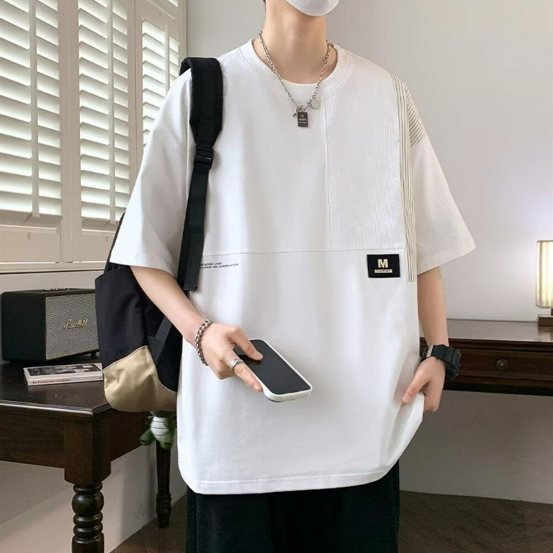 M-8xl Fat Man แฟชั่นสีบล็อกด้านบนผู้ชายขนาดบวกเสื้อยืดลําลองหลวมแขนสั้นขนาดใหญ่ Tee - รูปที่ 4