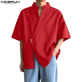 Incerun เสื้อเชิ้ตแขนสั้นดีไซน์ Placket ของเกาหลีสไตล์มินิมอ…