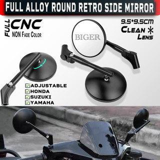 Full Alloy Round Retro Side Mirror Biger Clean Glass Flexible Black Universal With 8MM/10MM adapter