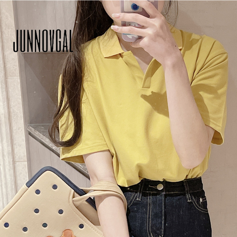 Junnovgal เสื้อโปโลแขนสั้น คอปก สีพื้น สไตล์เรโทร สําหรับผู้หญิง 2024