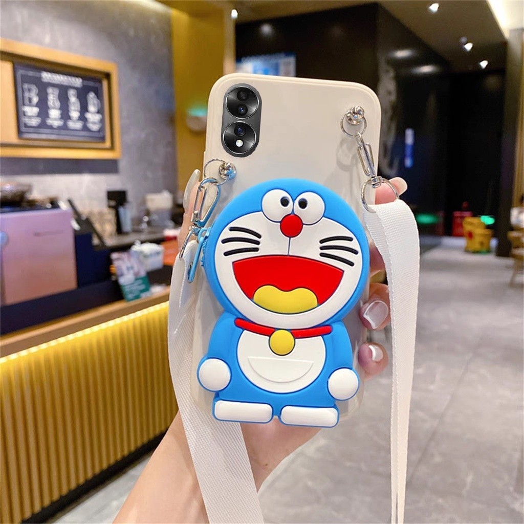 Casing For Huawei P30 Lite Y9 Prime 2019 Y7A Y6P 2020 Nova 3i 4e 5T 7i 9 9SE 10 Pro Fashion Doraemon Wallet Bag Soft TPU Phone Case With Lanyard